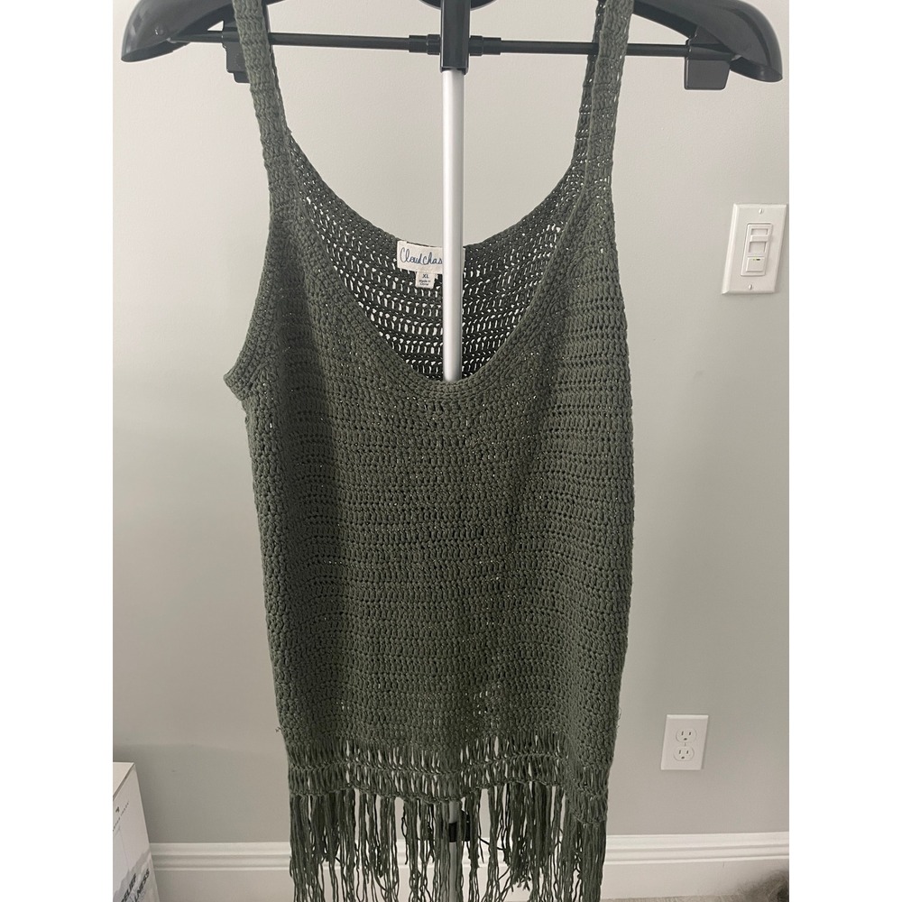 Cloud Chaser Womens Olive Green Boho Crochet Fringe Tank Top Size XL